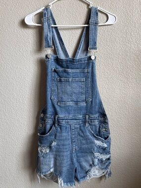 Distressed Denim Short Overalls - Light Blue